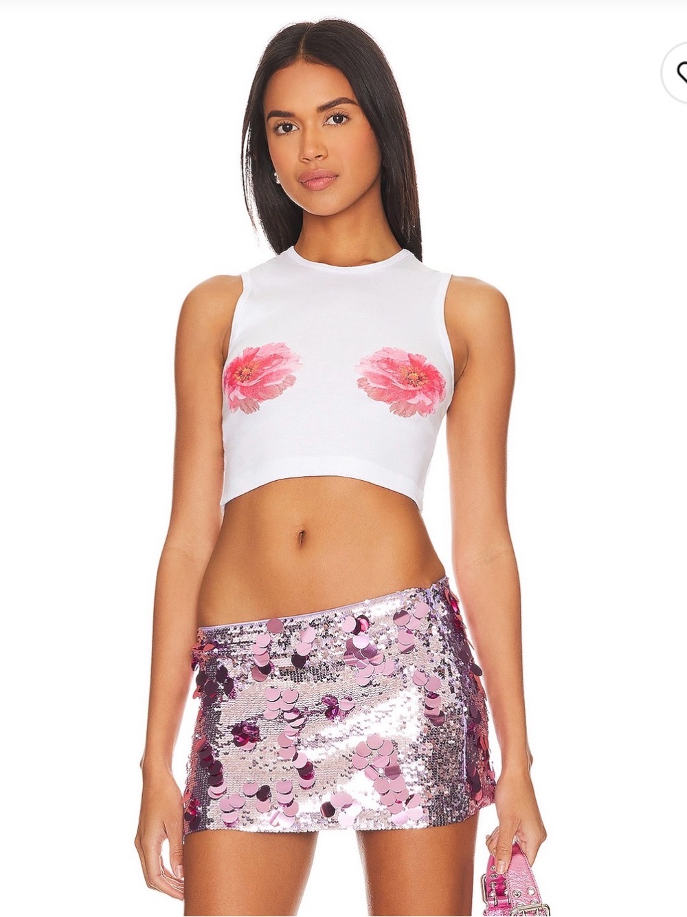 Lovers + Friends White Cropped Tank with Pink Floral Appliqués